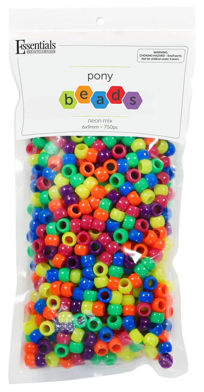 Essentials by Leisure Arts Pony Bead 6mm x 9mm Neon Mix Opaque Plastic Pony Beads Bulk 750 pieces for Arts, Crafts, Bracelet, Necklace, Jewelry Making, Earring, Hair Braiding